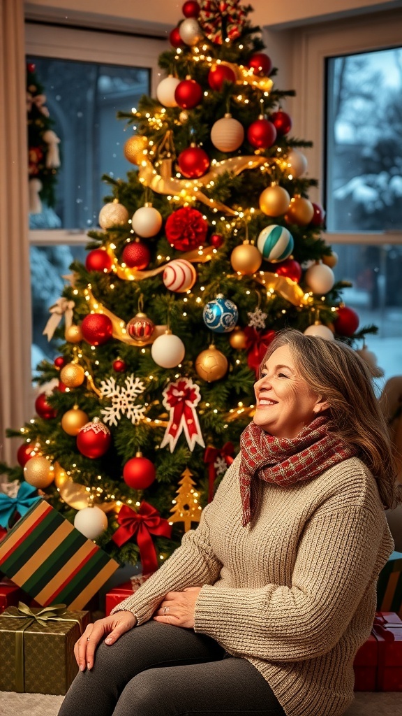 A couple embracing in front of a Christmas tree, surrounded by gifts and snowflakes.